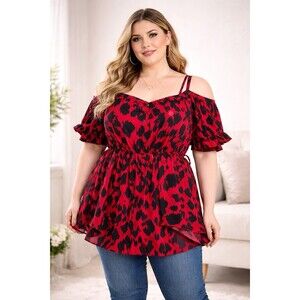 Red Black Leopard Print Blouse 3XL Off Shoulder Flowy Plus Size Top